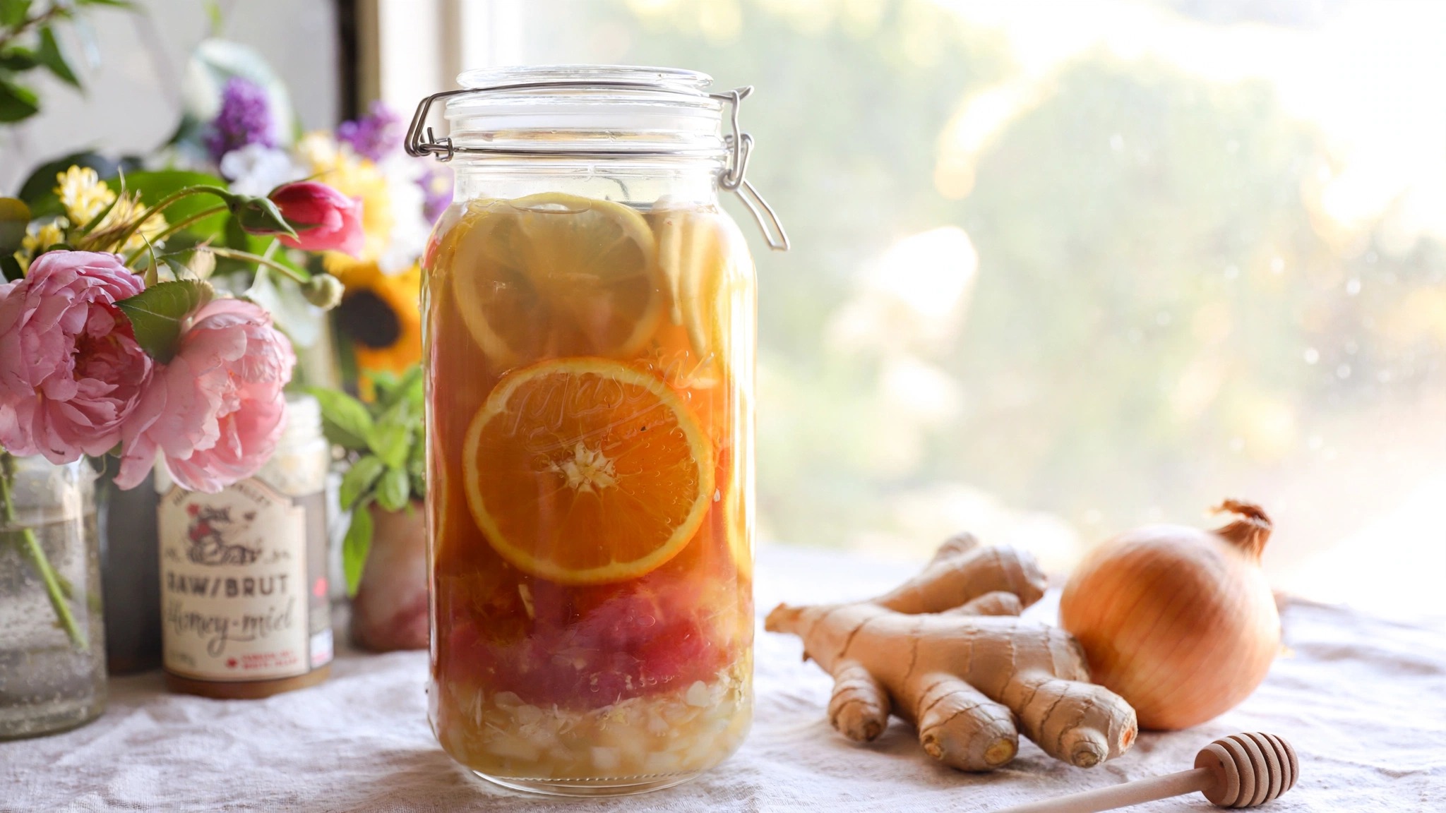 A large jar of homemade fire cider with onion, garlic, horse radish and citrus.